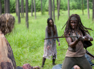 Michonne brings it to walkers in The Walking Dead.